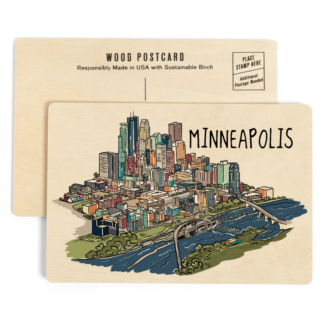 Minneapolis, Minnesota, Cityscape, Line Drawing, Wood Sign and Postcards