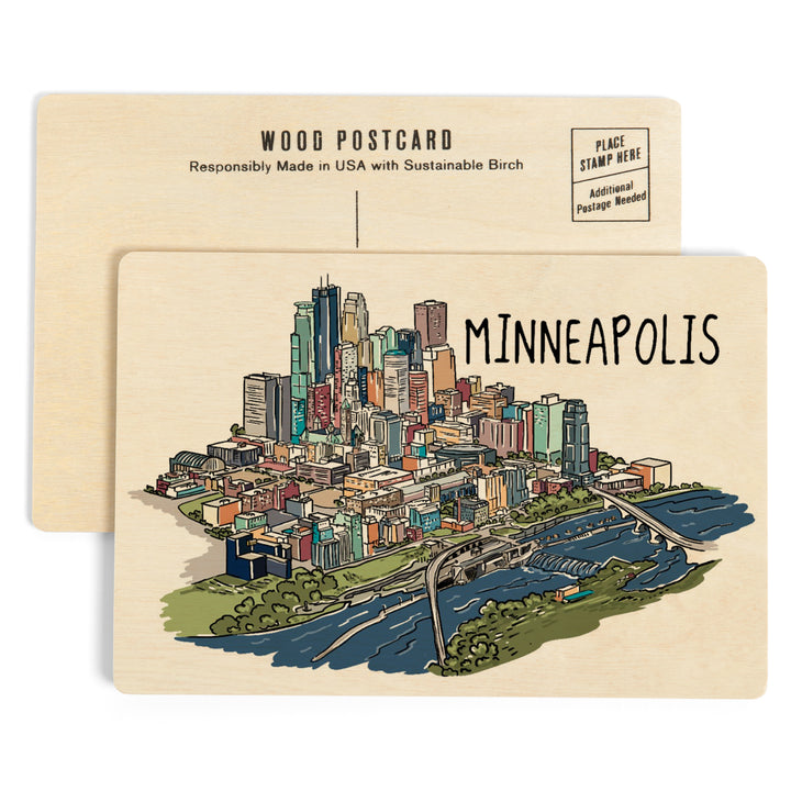 Minneapolis, Minnesota, Cityscape, Line Drawing, Wood Sign and Postcards