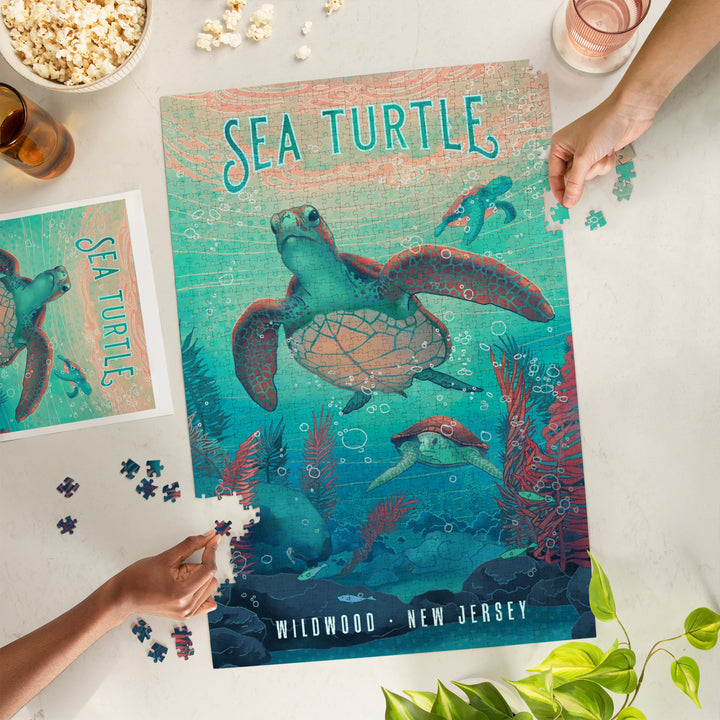 Wildwood, New Jersey, Fluid Linework, Sea Turtle, 1000 Piece Jigsaw Puzzle