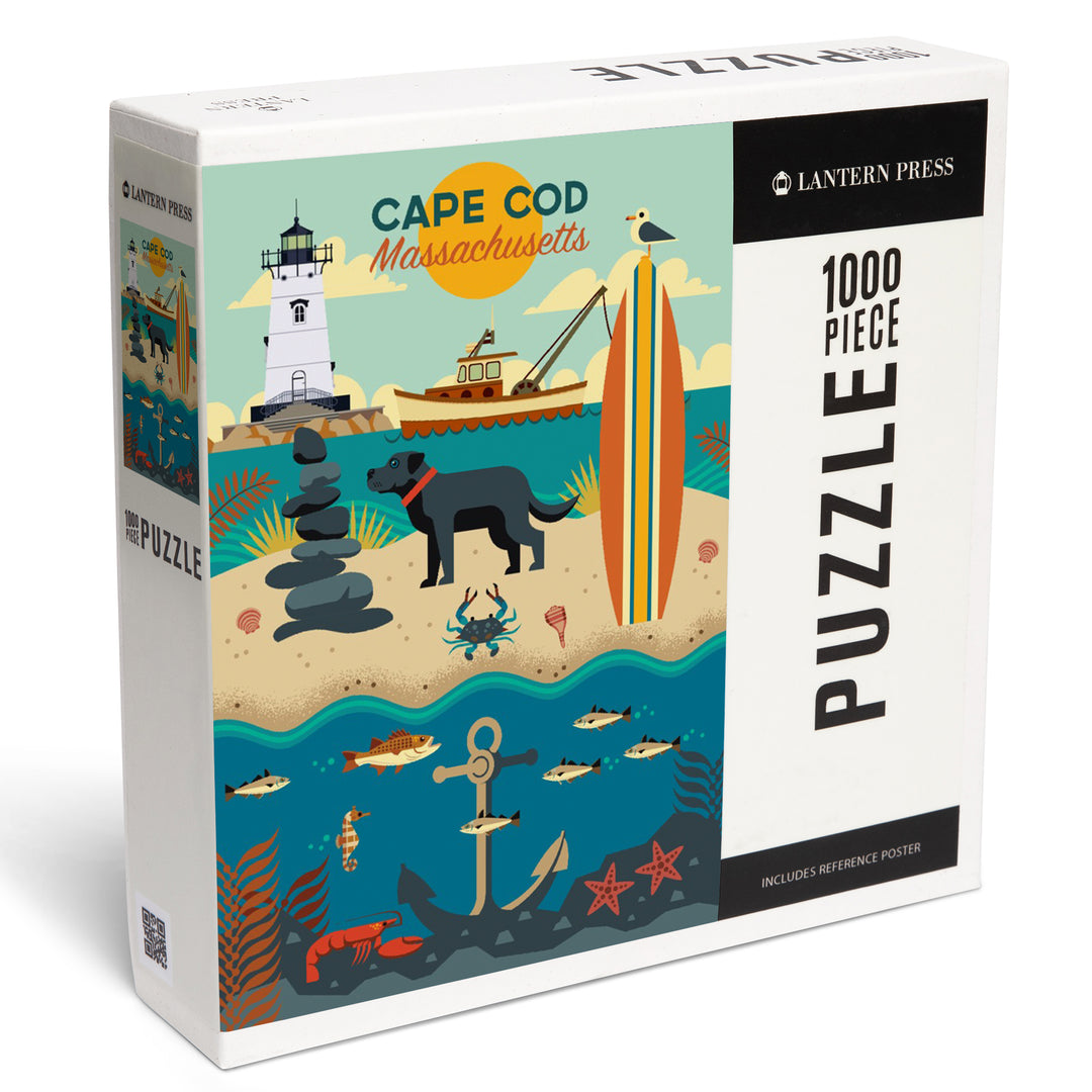 Cape Cod, Massachusetts, Geometric, Beach and Lighthouse, Jigsaw Puzzle