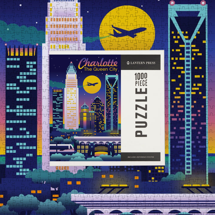 Charlotte, North Carolina, Retro Skyline Chromatic Series, 1000 Piece Jigsaw Puzzle