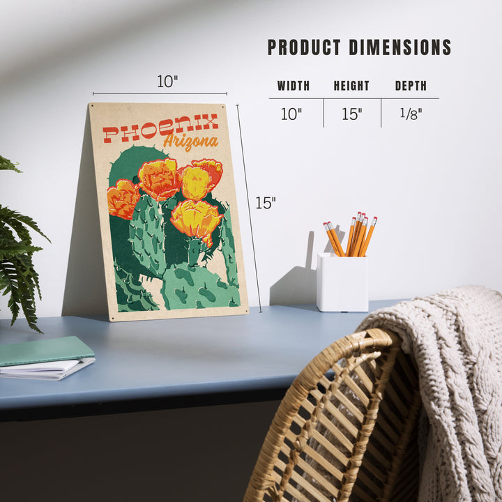 Phoenix, Arizona, Woodblock City Series, Cactus, Wood Sign and Postcards