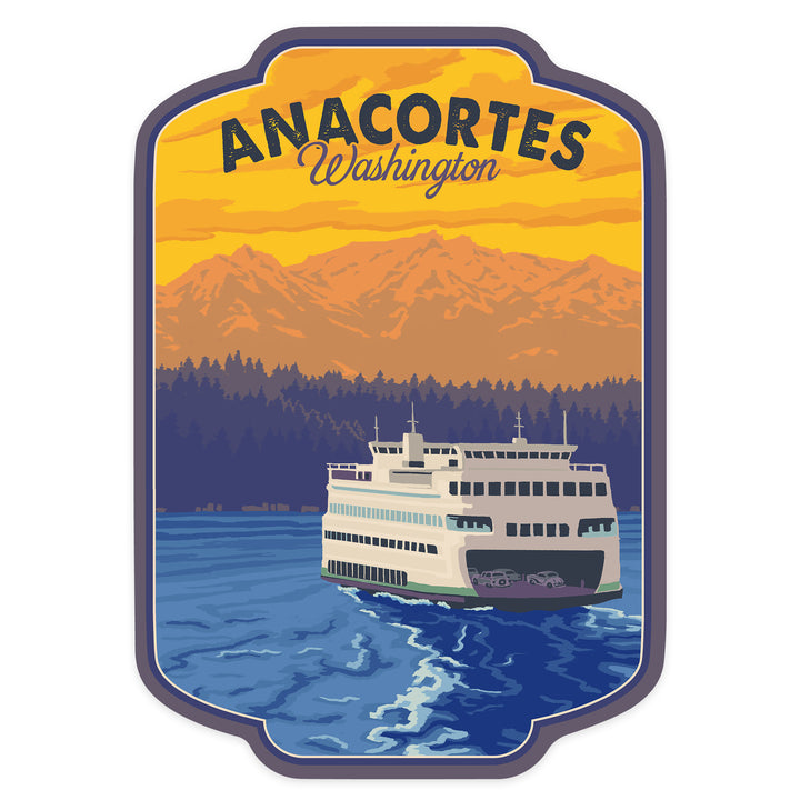 Anacortes, Washington, Ferry and Mountains, Contour, Lantern Press Artwork, Vinyl Sticker