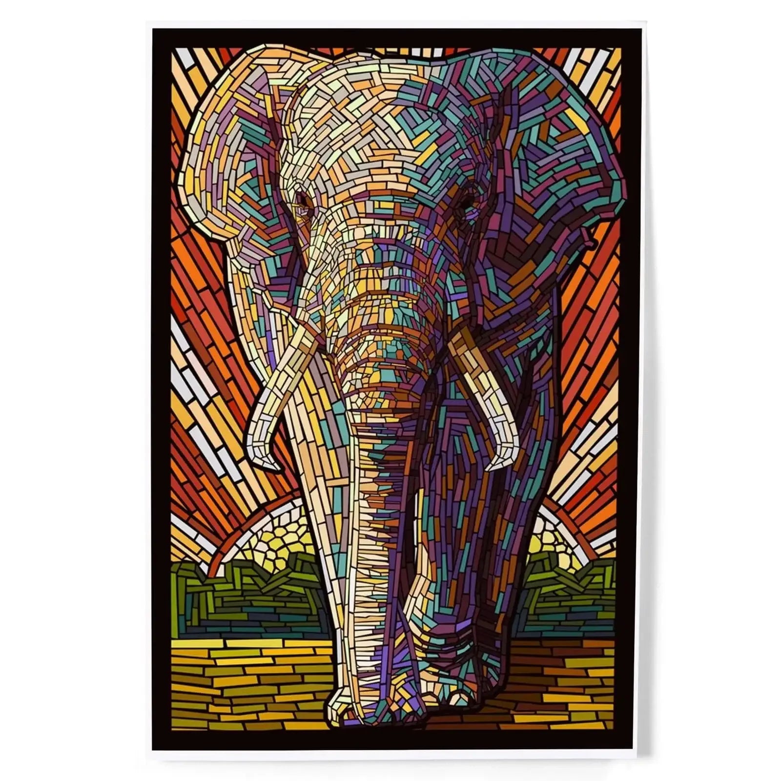 版画 Fabrication Elephant_p African Elephant, Paper Mosaic art prints, metal signs – Lantern Press