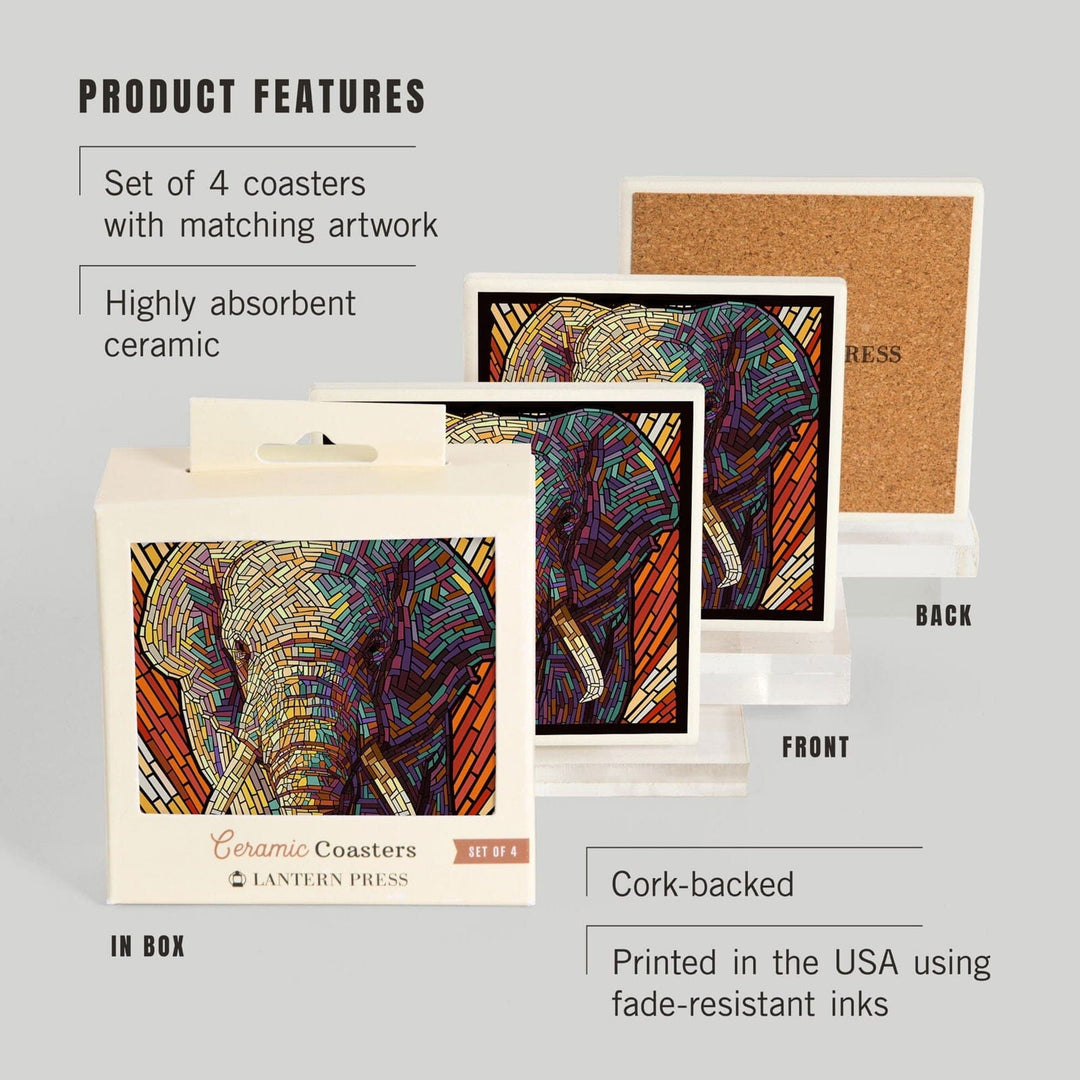 African Elephant, Paper Mosaic, Lantern Press Artwork, Coaster Set Coasters Lantern Press 