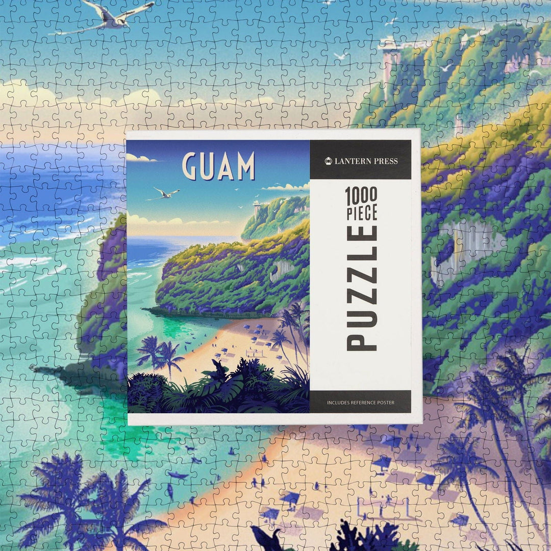 Agana, Guam, Lithograph, Beach Cove, Jigsaw Puzzle Puzzle Lantern Press 