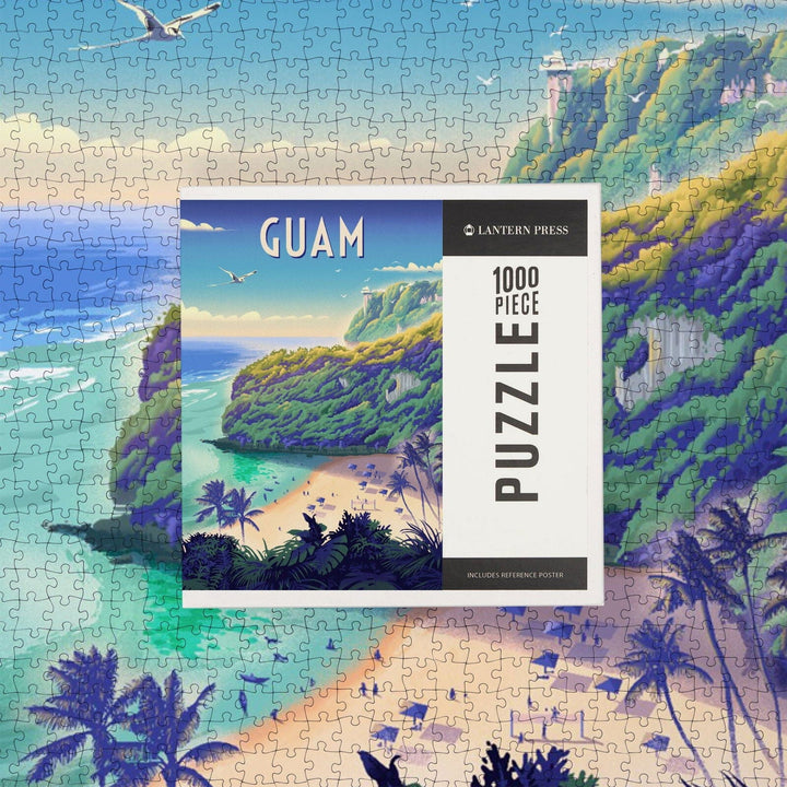 Agana, Guam, Lithograph, Beach Cove, Jigsaw Puzzle Puzzle Lantern Press 