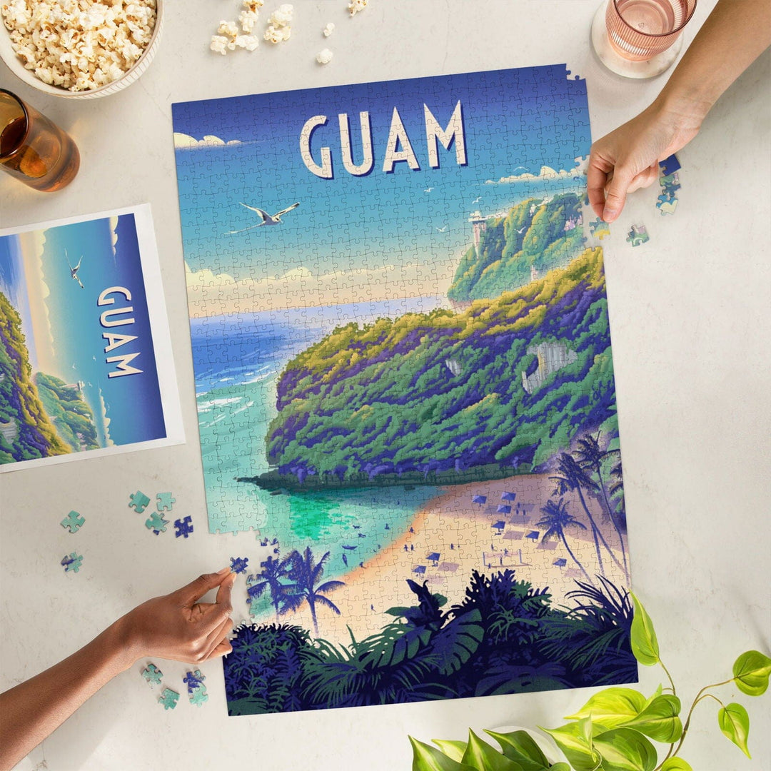 Agana, Guam, Lithograph, Beach Cove, Jigsaw Puzzle Puzzle Lantern Press 