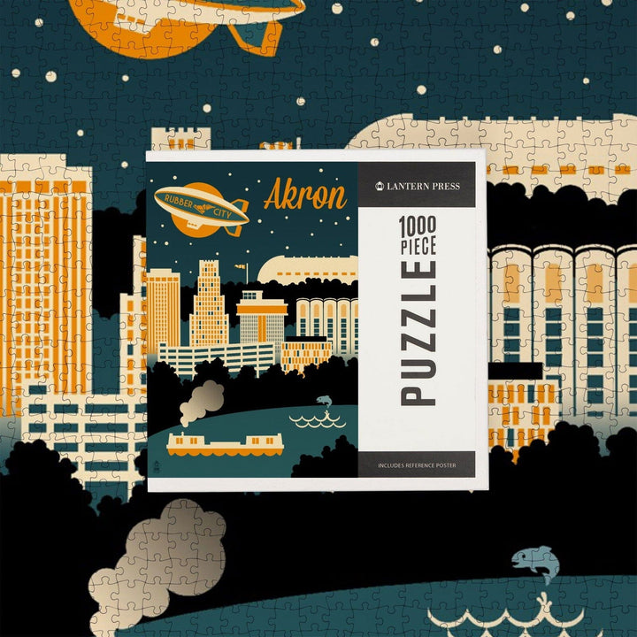 Akron, Ohio, Retro Skyline, Jigsaw Puzzle Puzzle Lantern Press 