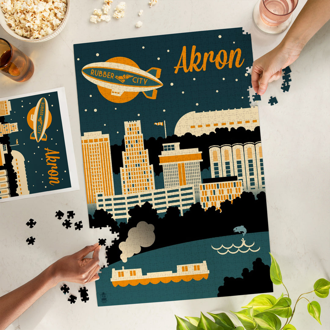 Akron, Ohio, Retro Skyline, Jigsaw Puzzle Puzzle Lantern Press 