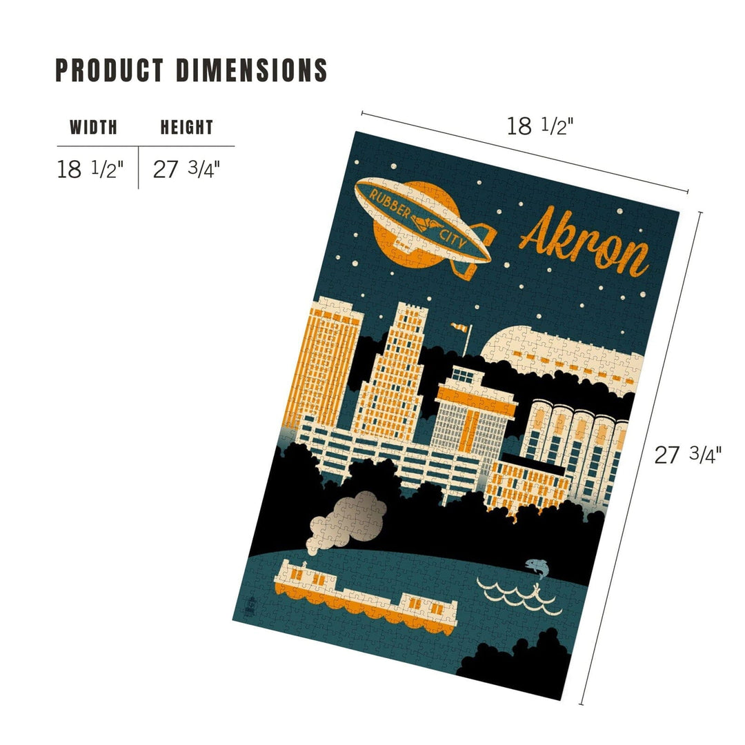 Akron, Ohio, Retro Skyline, Jigsaw Puzzle Puzzle Lantern Press 