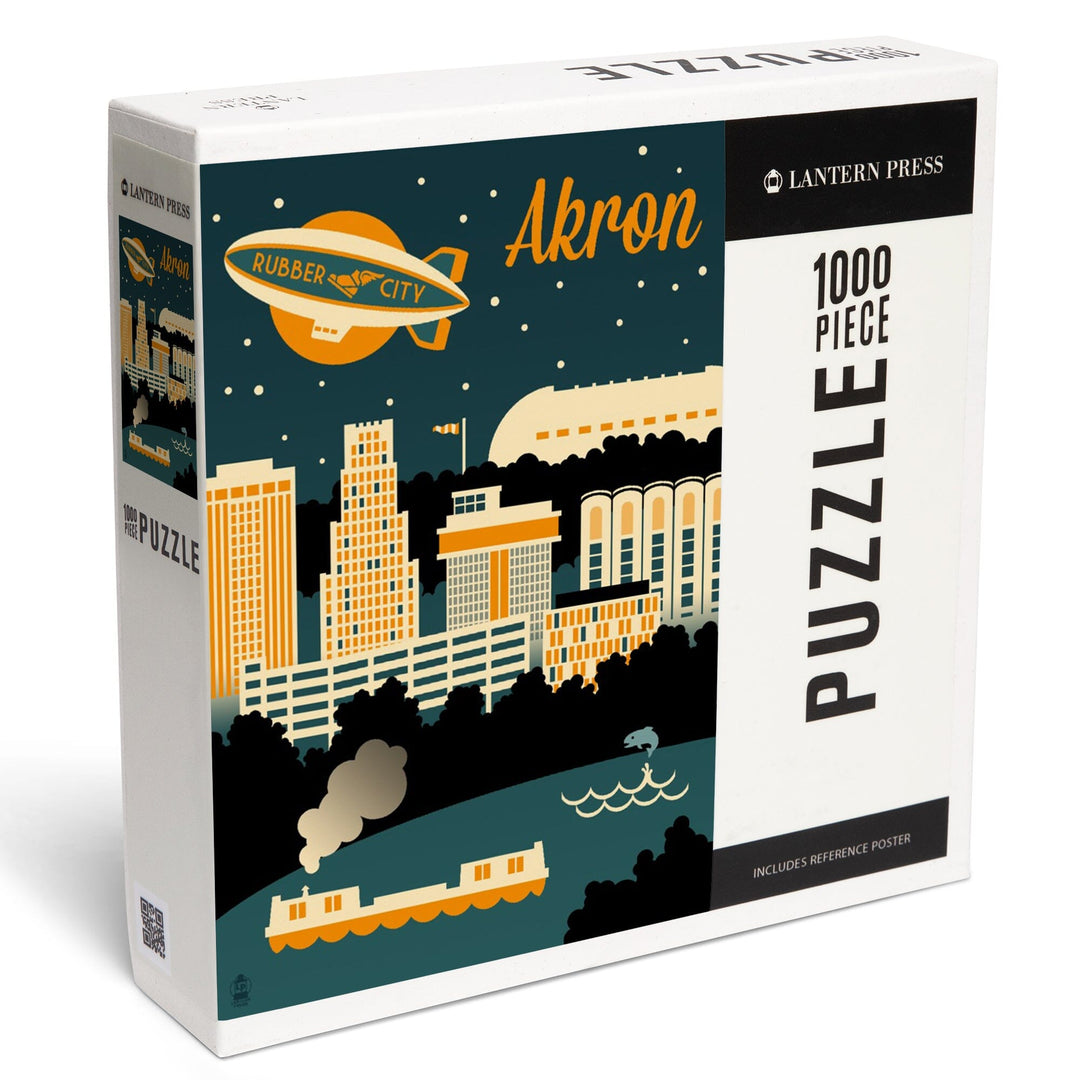 Akron, Ohio, Retro Skyline, Jigsaw Puzzle Puzzle Lantern Press 