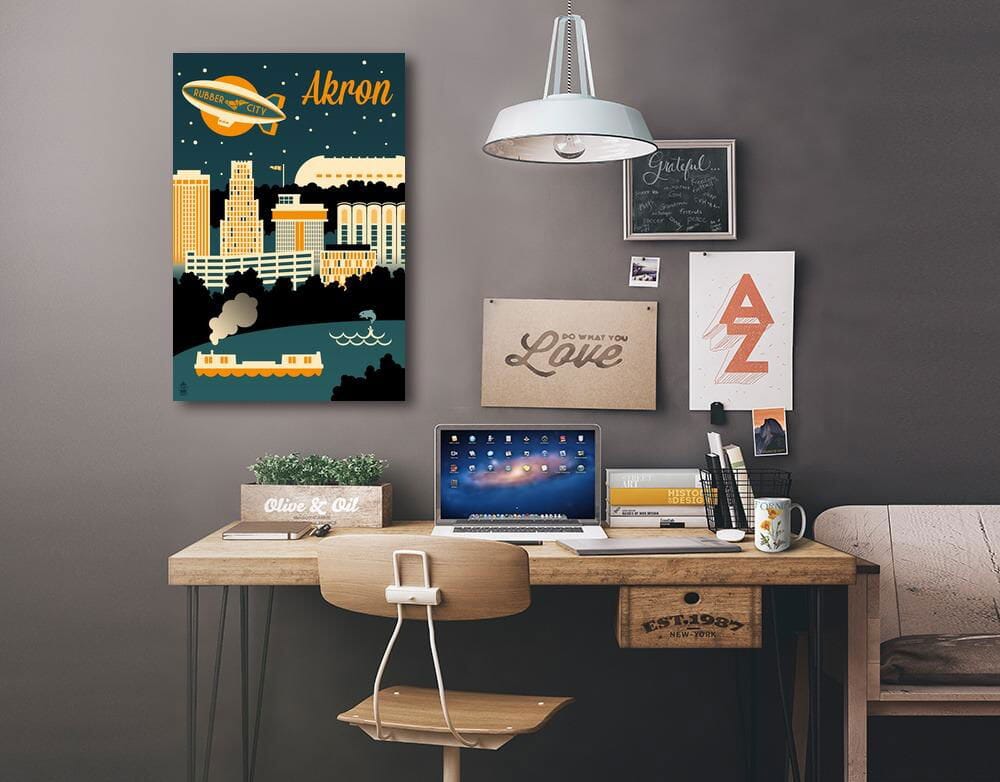 Akron, Ohio, Retro Skyline, Lantern Press Artwork Canvas Lantern Press 