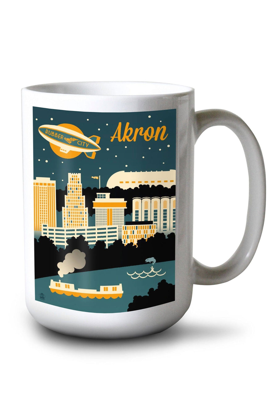 Akron, Ohio, Retro Skyline, Lantern Press Artwork, Ceramic Mug Mugs Lantern Press 