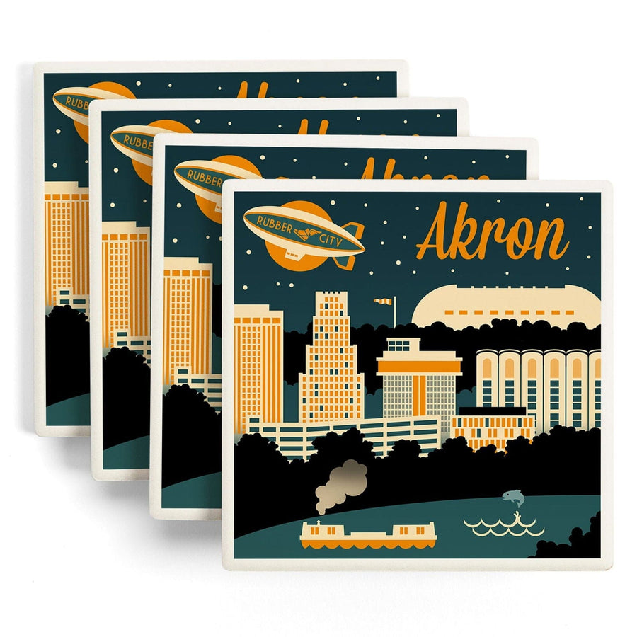 Akron, Ohio, Retro Skyline, Lantern Press Artwork, Coaster Set Coasters Lantern Press 