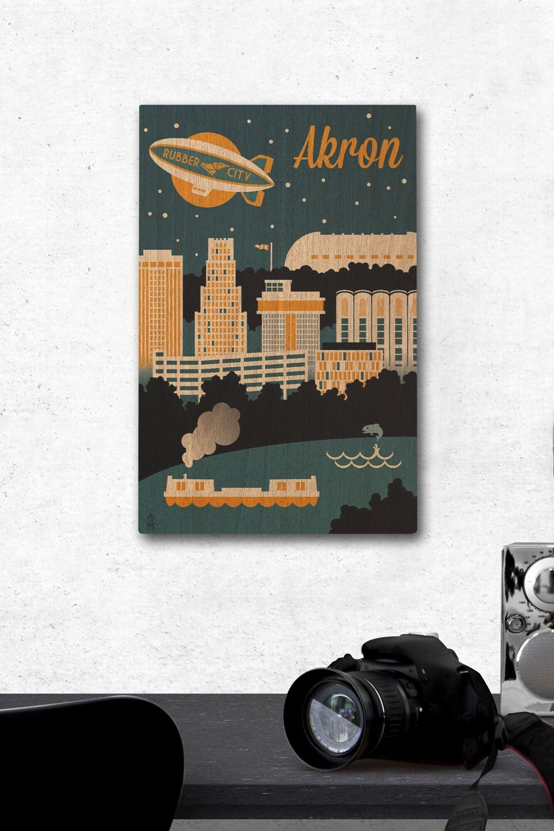 Akron, Ohio, Retro Skyline, Lantern Press Artwork, Wood Signs and Postcards Wood Lantern Press 12 x 18 Wood Gallery Print 