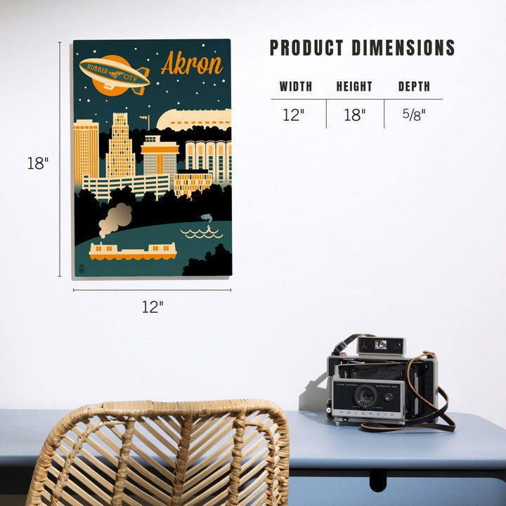 Akron, Ohio, Retro Skyline, Lantern Press Artwork, Wood Signs and Postcards Wood Lantern Press 