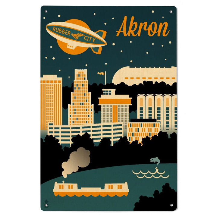 Akron, Ohio, Retro Skyline, Lantern Press Artwork, Wood Signs and Postcards Wood Lantern Press 