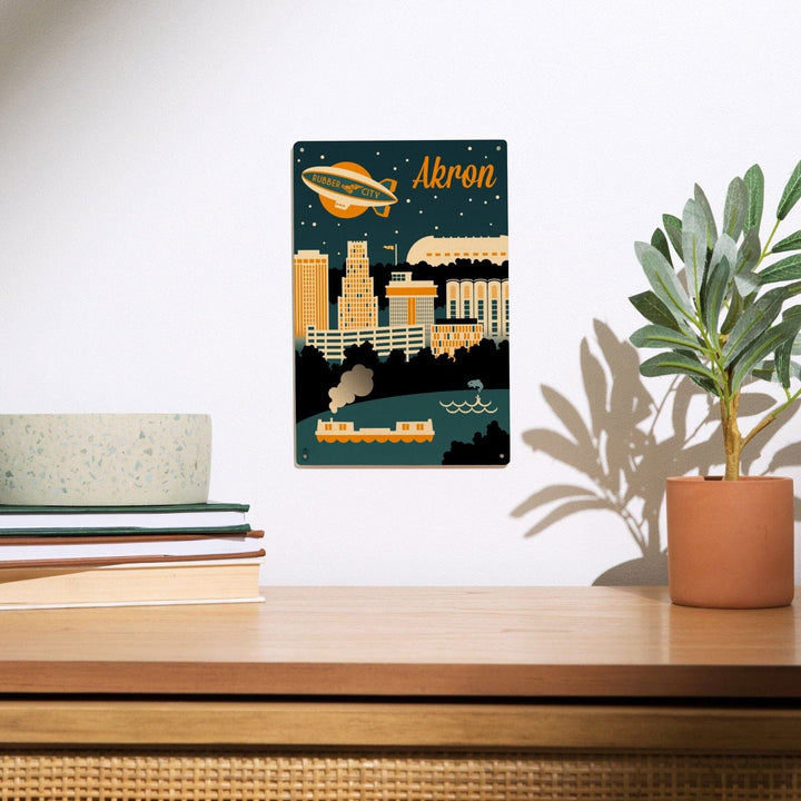 Akron, Ohio, Retro Skyline, Lantern Press Artwork, Wood Signs and Postcards Wood Lantern Press 