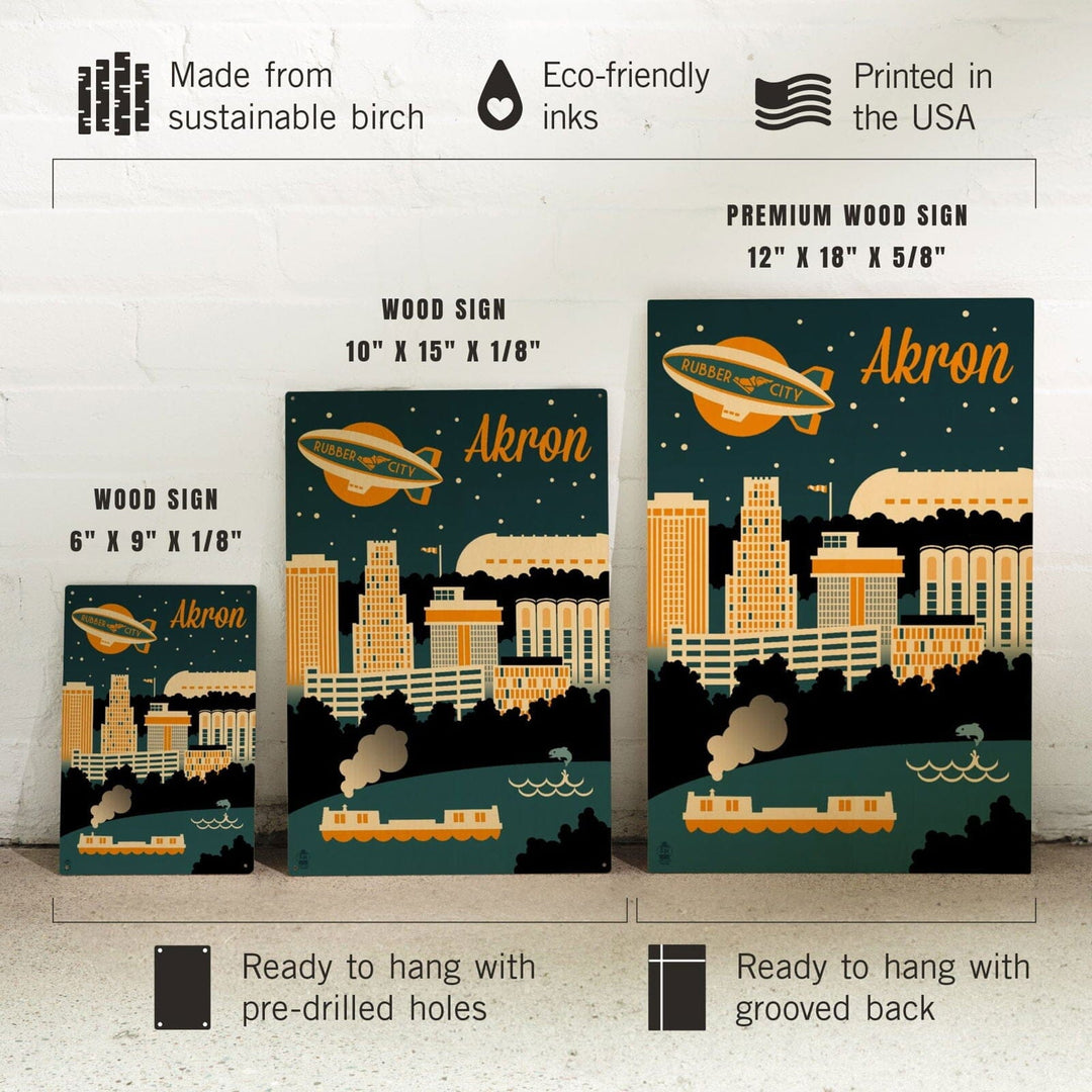 Akron, Ohio, Retro Skyline, Lantern Press Artwork, Wood Signs and Postcards Wood Lantern Press 