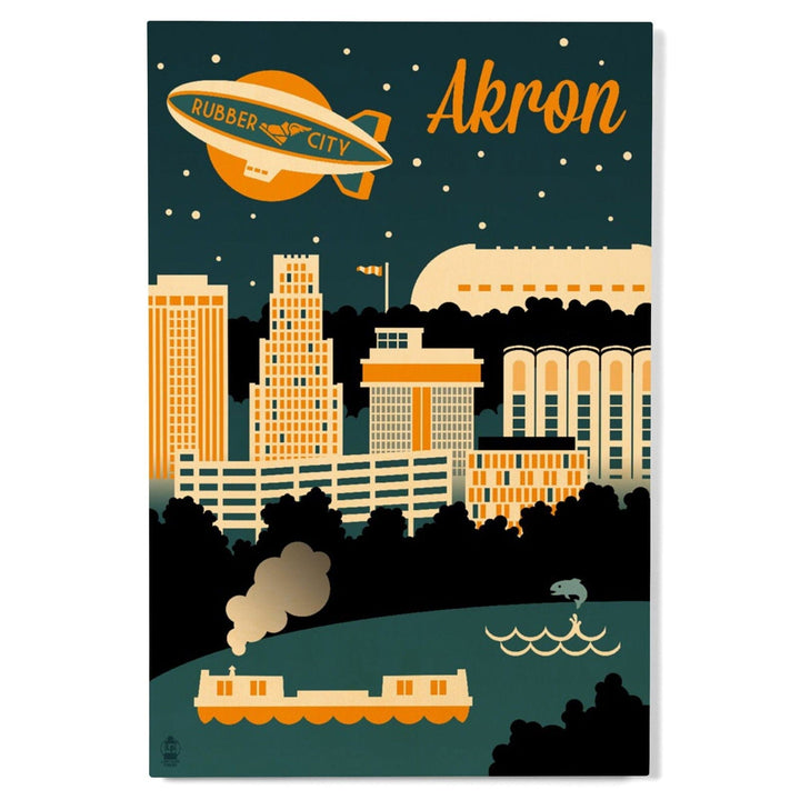 Akron, Ohio, Retro Skyline, Lantern Press Artwork, Wood Signs and Postcards Wood Lantern Press 