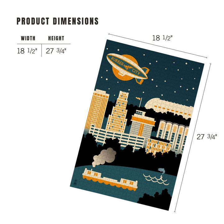 Akron, Ohio, Retro Skyline (no text), Jigsaw Puzzle Puzzle Lantern Press 