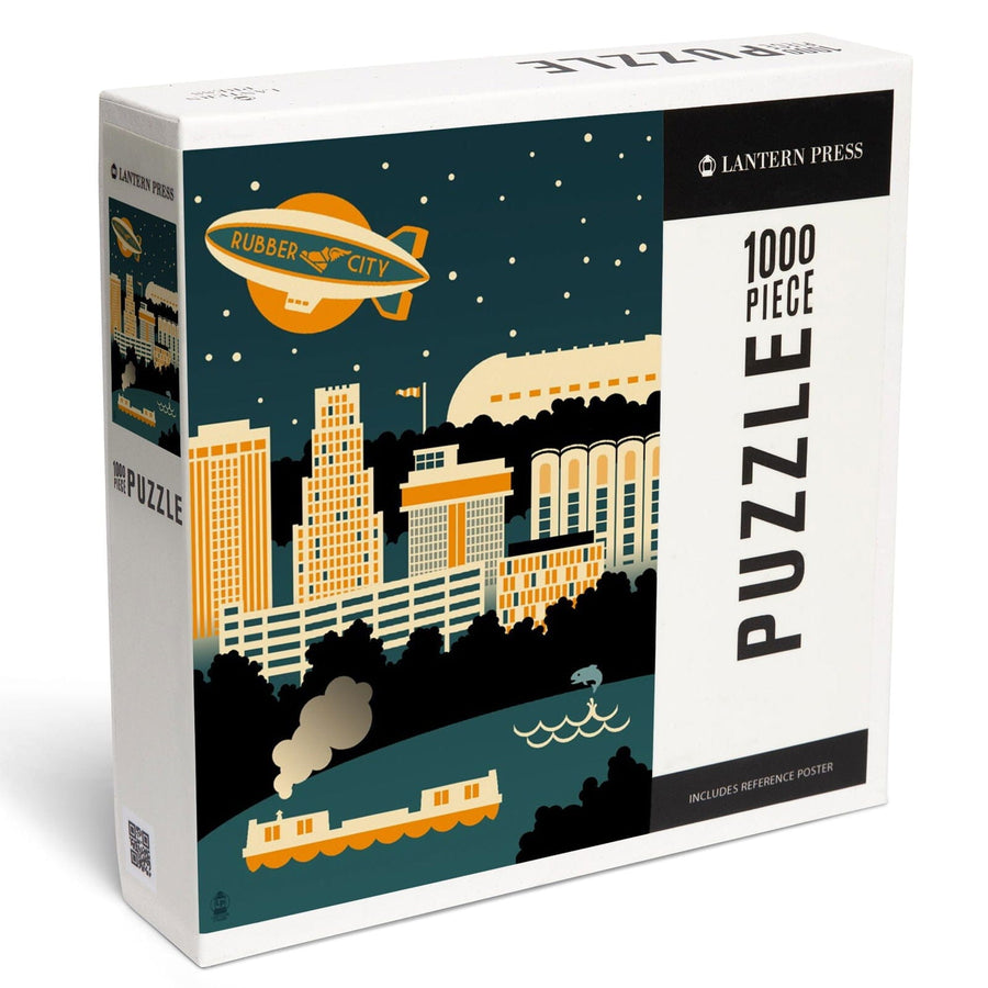 Akron, Ohio, Retro Skyline (no text), Jigsaw Puzzle Puzzle Lantern Press 