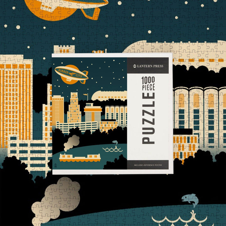 Akron, Ohio, Retro Skyline (no text), Jigsaw Puzzle Puzzle Lantern Press 