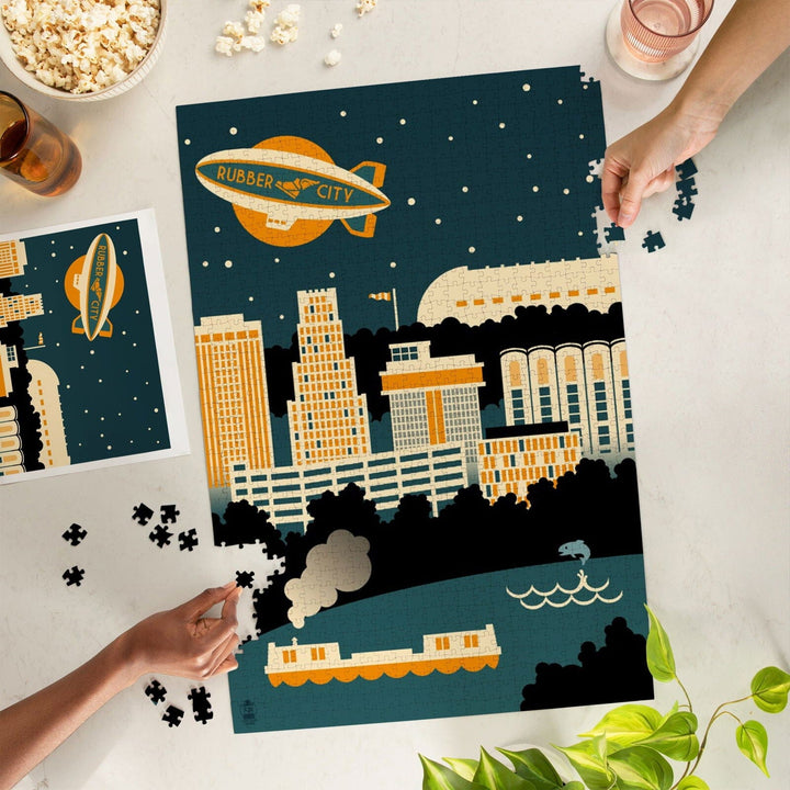 Akron, Ohio, Retro Skyline (no text), Jigsaw Puzzle Puzzle Lantern Press 