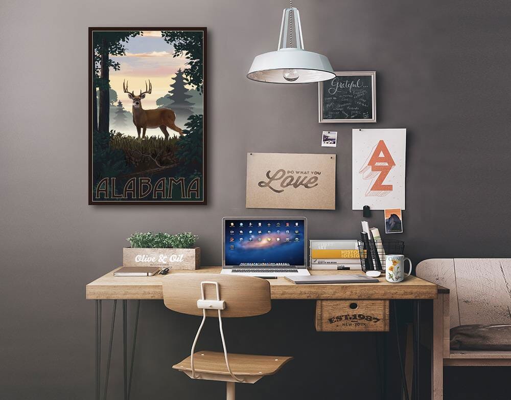 Alabama, Deer & Sunrise, Lantern Press Artwork, Stretched Canvas Canvas Lantern Press 