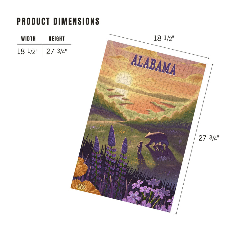 Alabama, Lithograph, Bear and Spring Flowers, Lake, Jigsaw Puzzle Puzzle Lantern Press 