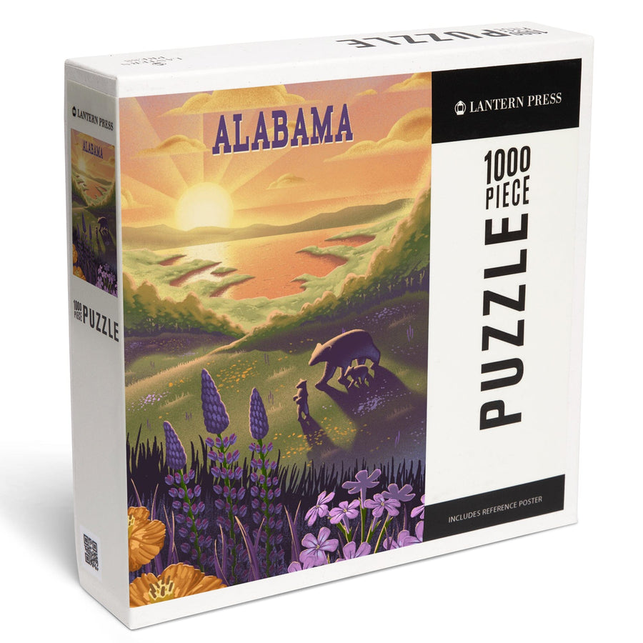Alabama, Lithograph, Bear and Spring Flowers, Lake, Jigsaw Puzzle Puzzle Lantern Press 