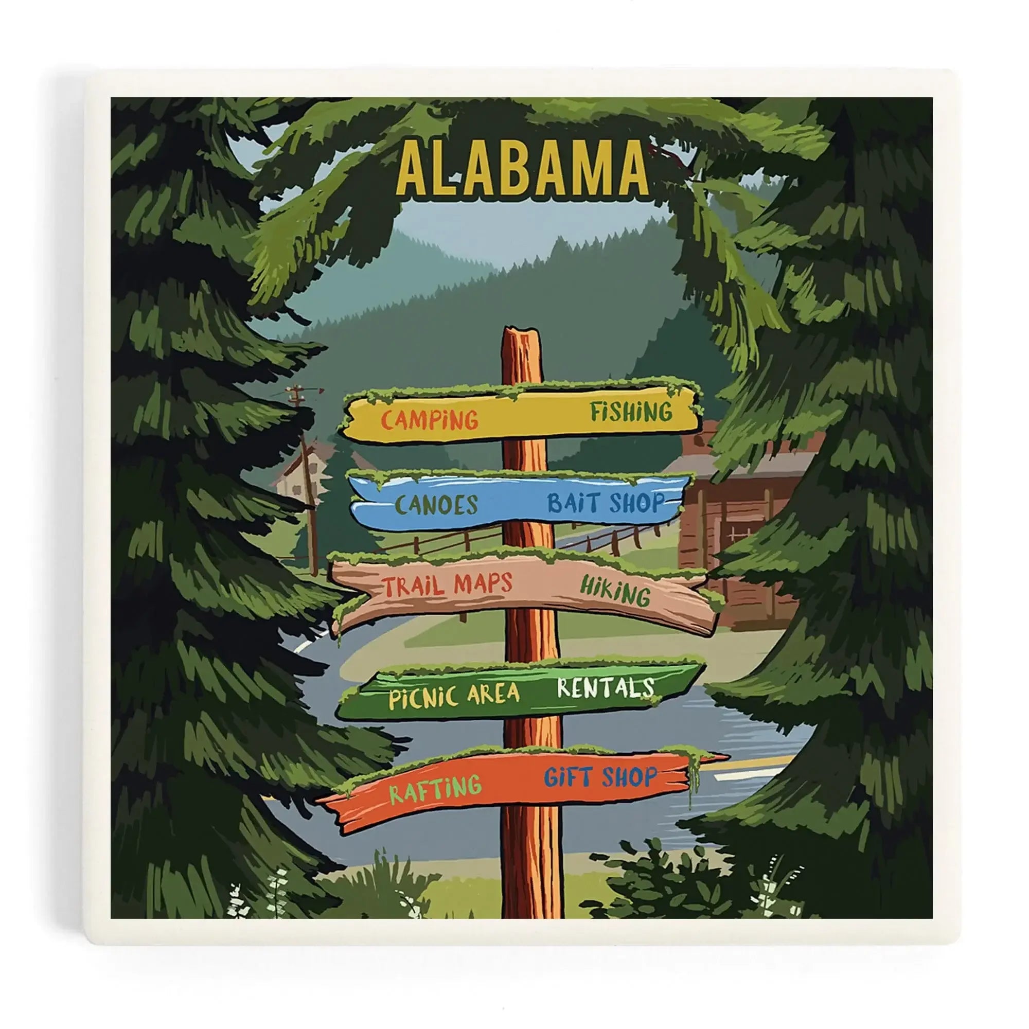Alabama, Signpost, Forest and Camp ceramic coaster set – Lantern Press