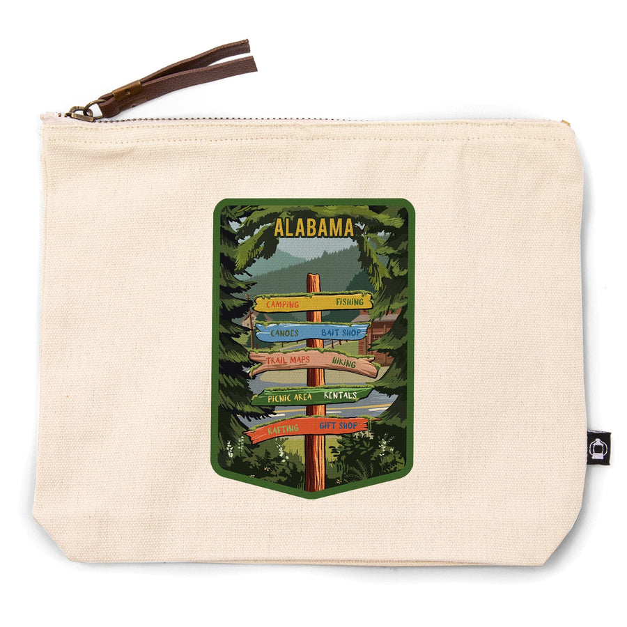 Alabama, Signpost, Forest and Camp,, Organic Cotton Zipper Pouch, Go Bag Totes Lantern Press 