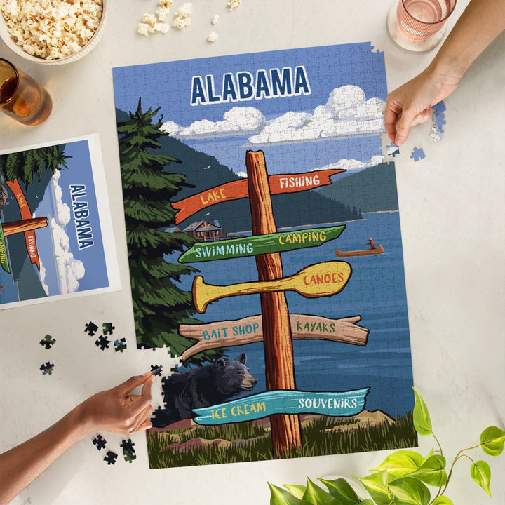 Alabama, Signpost, Lake and Bear, Jigsaw Puzzle Puzzle Lantern Press 