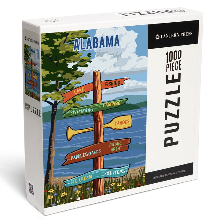 Alabama, Signpost, Lake and Flowers, Jigsaw Puzzle Puzzle Lantern Press 