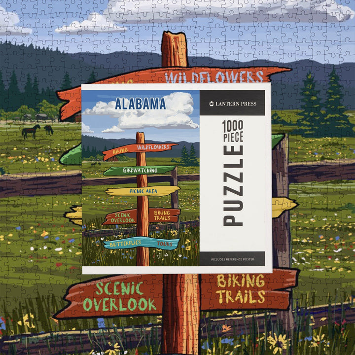 Alabama, Signpost, Meadow, Jigsaw Puzzle Puzzle Lantern Press 