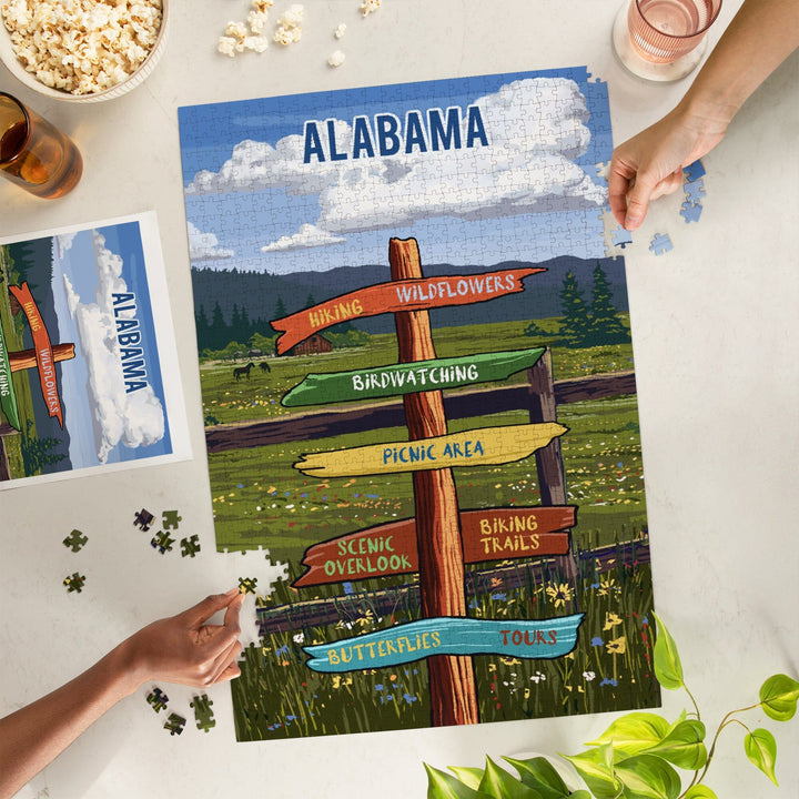 Alabama, Signpost, Meadow, Jigsaw Puzzle Puzzle Lantern Press 