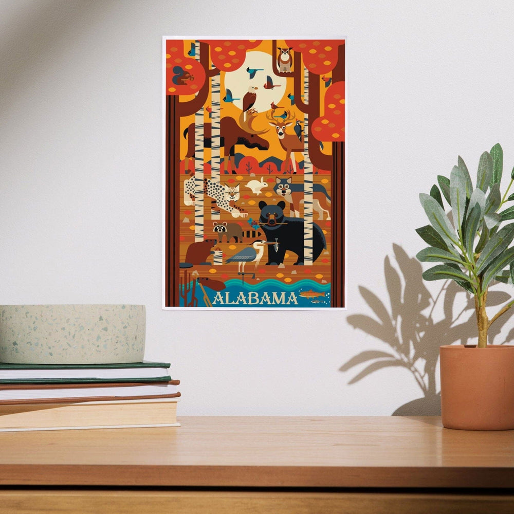 Alabama, Woodland Forest Animals, Fall, Geometric, Art & Giclee Prints Art Lantern Press 