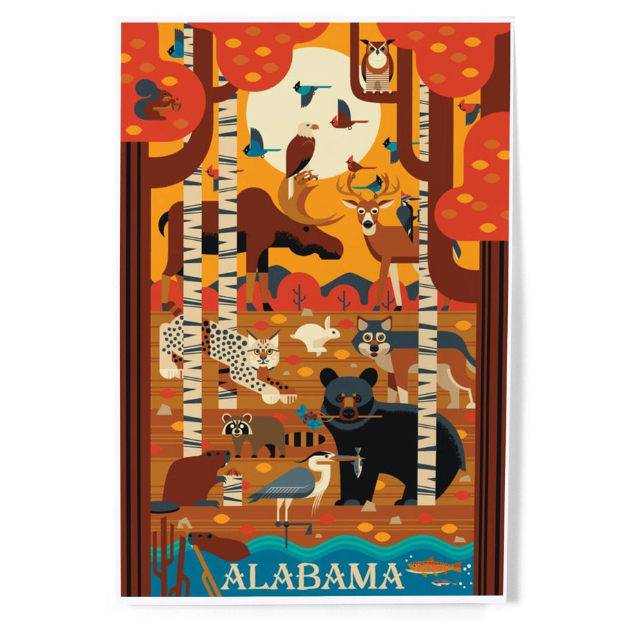 Alabama, Woodland Forest Animals, Fall, Geometric, Art & Giclee Prints Art Lantern Press 