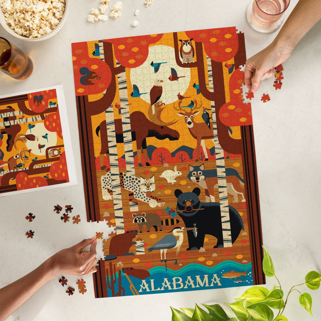 Alabama, Woodland Forest Animals, Fall, Geometric, Jigsaw Puzzle Puzzle Lantern Press 