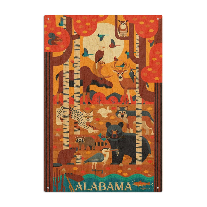 Alabama, Woodland Forest Animals, Fall, Geometric, Lantern Press Artwork, Wood Signs and Postcards Wood Lantern Press 