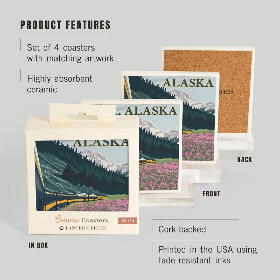 Alaska, Alaska Railroad, Lantern Press Artwork, Coaster Set Coasters Lantern Press 