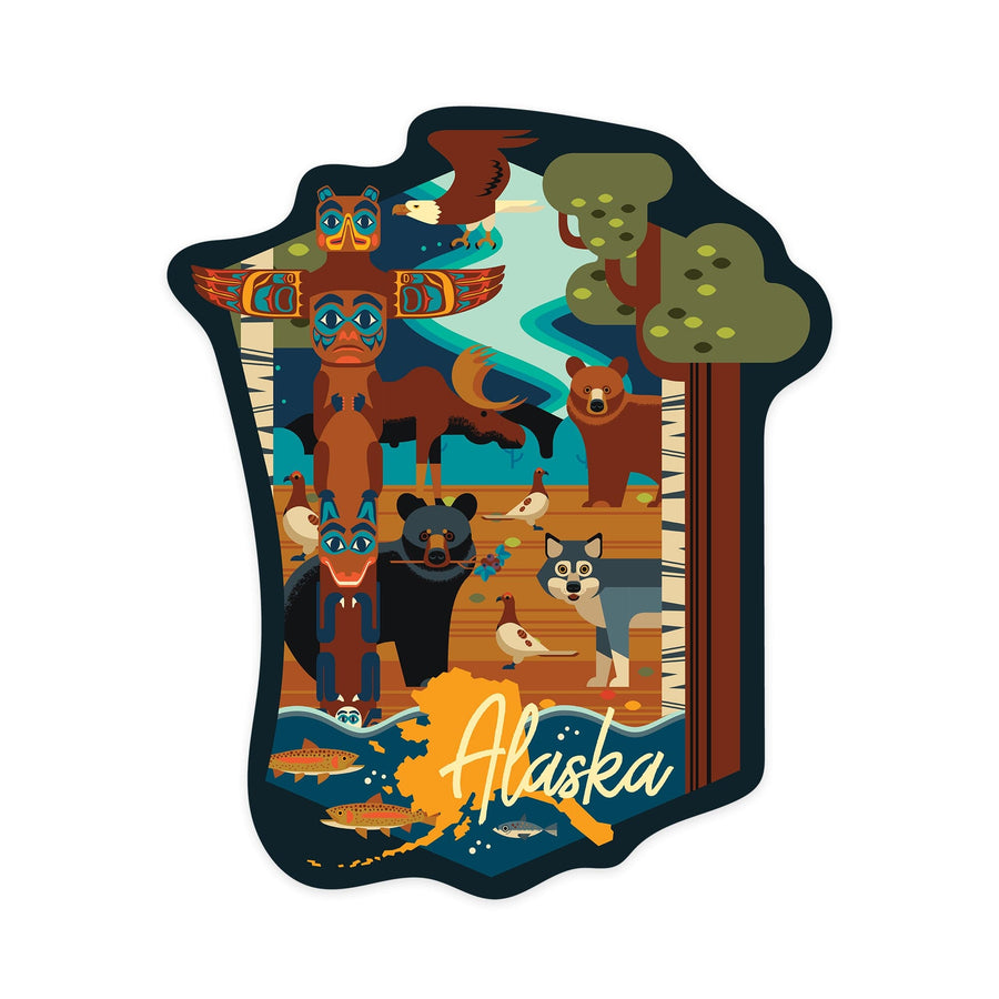 Alaska, Animals, Geometric, Contour, Lantern Press Artwork, Vinyl Sticker Sticker Lantern Press 