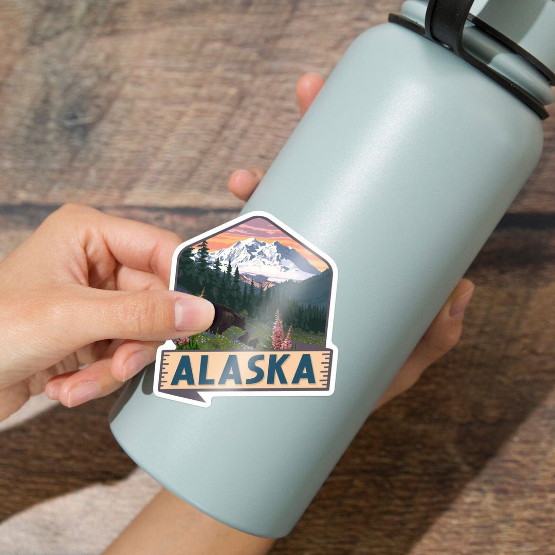 Alaska, Bear and Spring Flowers, Contour, Vinyl Sticker Sticker Lantern Press 