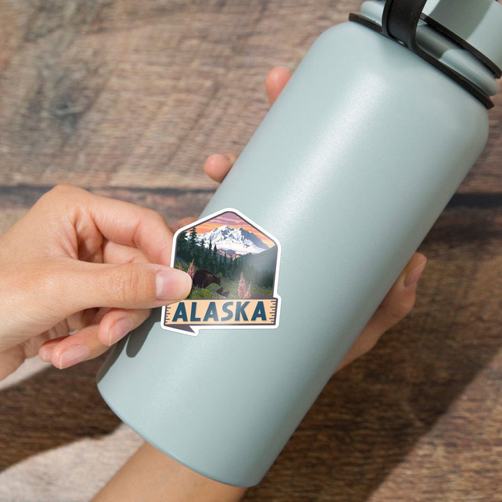 Alaska, Bear and Spring Flowers, Contour, Vinyl Sticker Sticker Lantern Press 