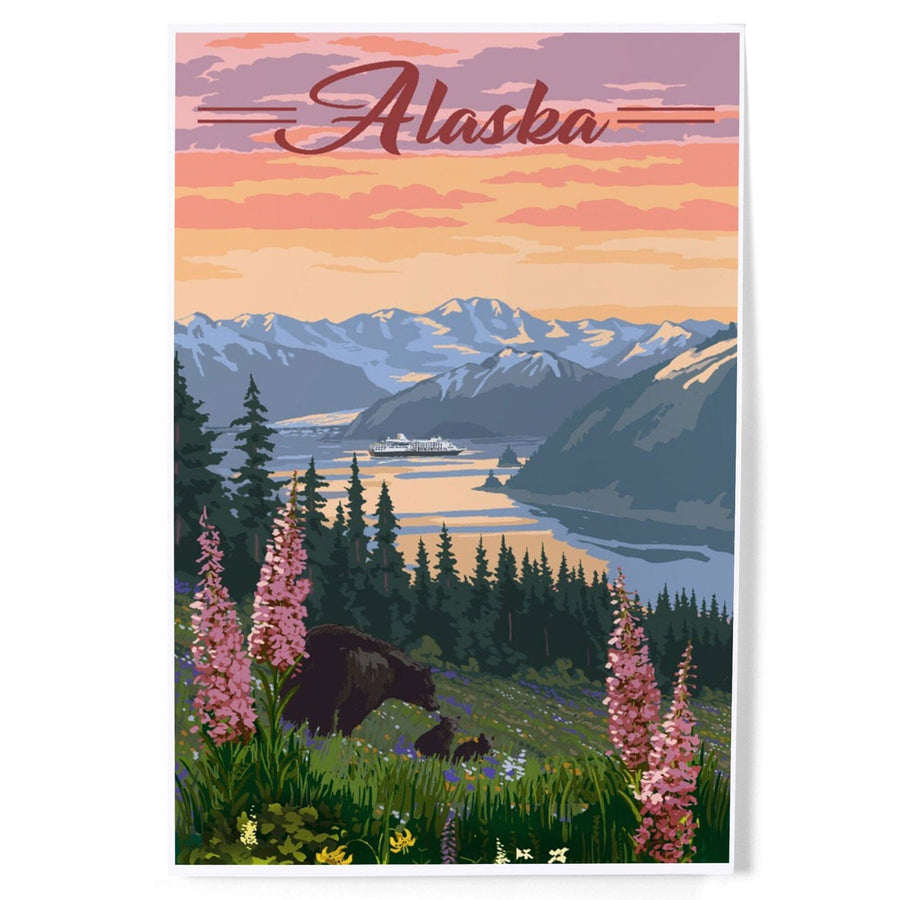 Alaska, Bear and Spring Flowers, Cruise Ship, Art & Giclee Prints Art Lantern Press 