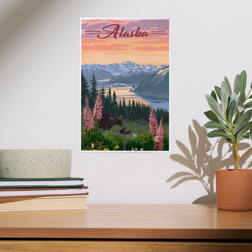 Alaska, Bear and Spring Flowers, Cruise Ship, Art & Giclee Prints Art Lantern Press 