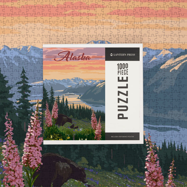 Alaska, Bear and Spring Flowers, Cruise Ship, Jigsaw Puzzle Puzzle Lantern Press 