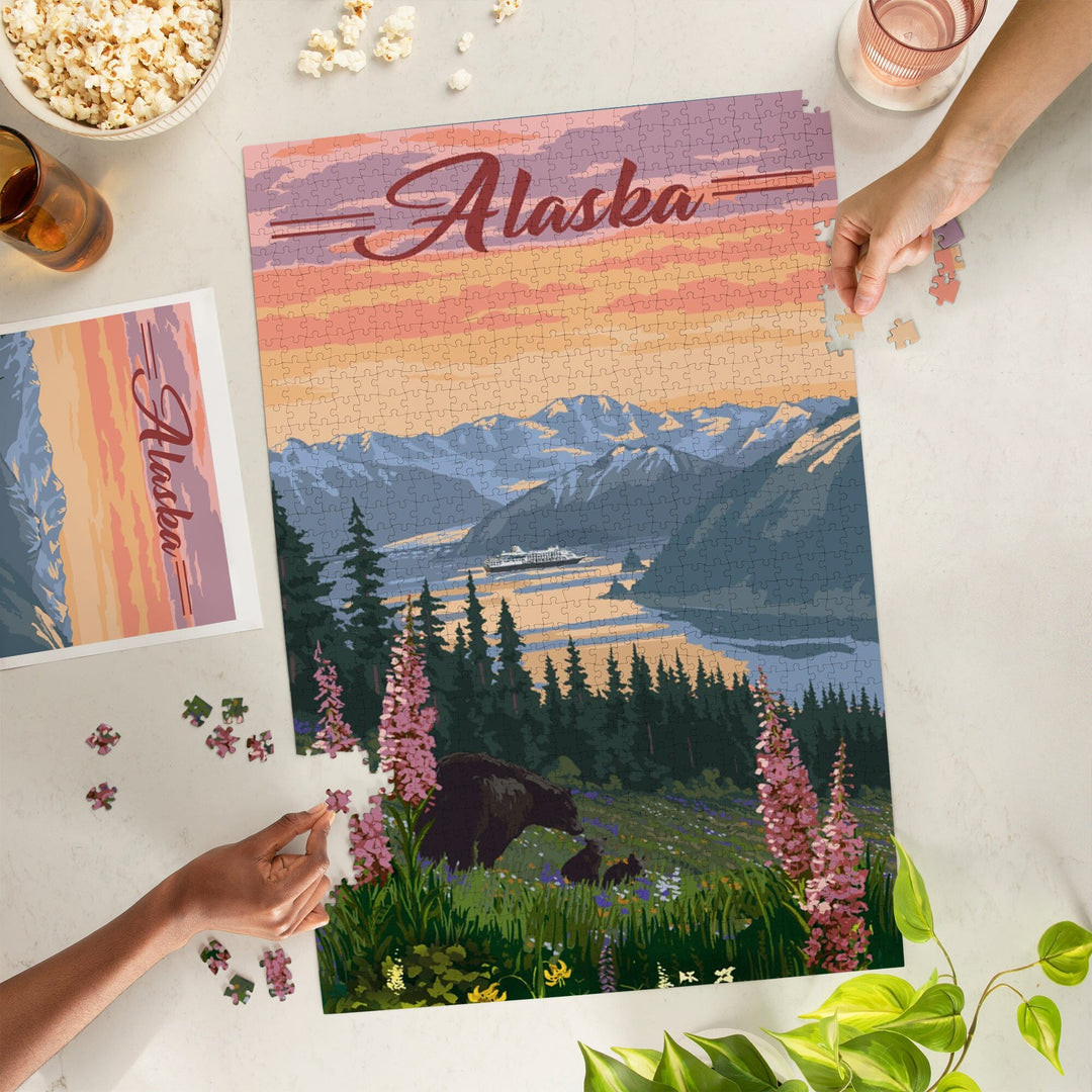 Alaska, Bear and Spring Flowers, Cruise Ship, Jigsaw Puzzle Puzzle Lantern Press 